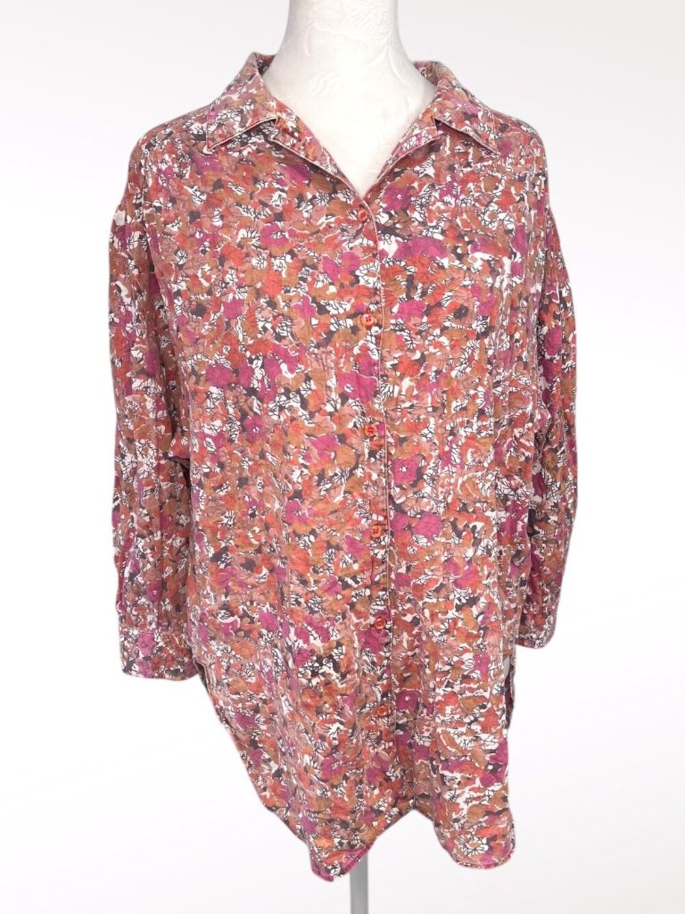 Vintage 90s Cotton Button Up Shirt Floral 3/4 Sleeve Top Medium Abvien⁠